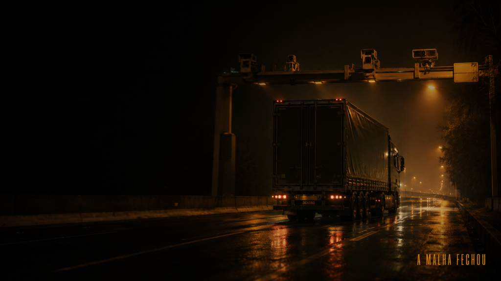 Caminhão sob pórtico de fiscalização eletrônica na rodovia — multas da ANTT para transportadoras