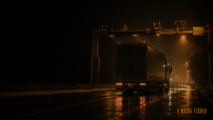 Caminhão sob pórtico de fiscalização eletrônica na rodovia — multas da ANTT para transportadoras