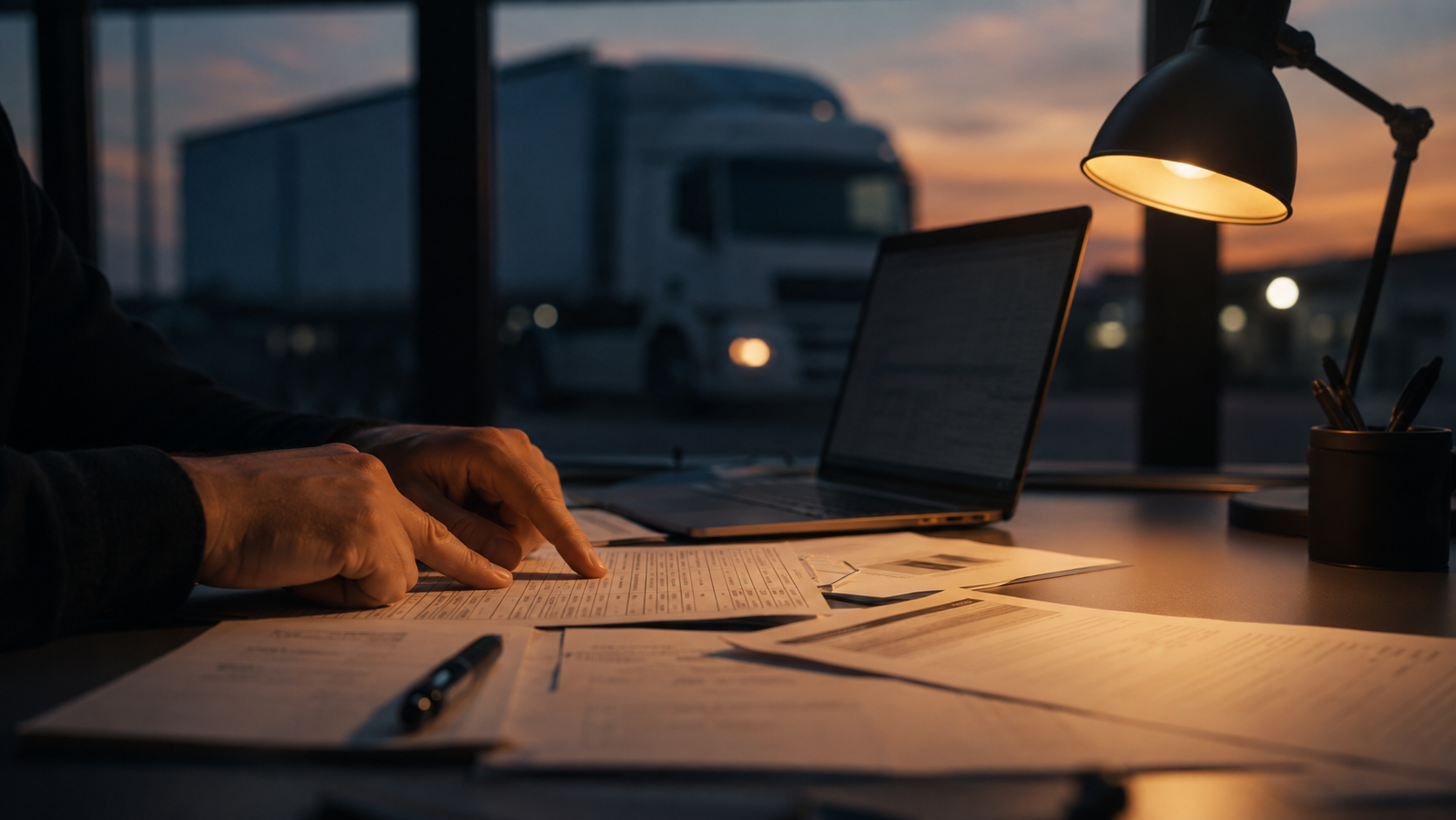 Mãos apontando linha de apólice de seguro sobre a mesa de escritório de transportadora, com caminhão ao fundo — averbação e conferência do RCTR-C, RC-DC e RC-V