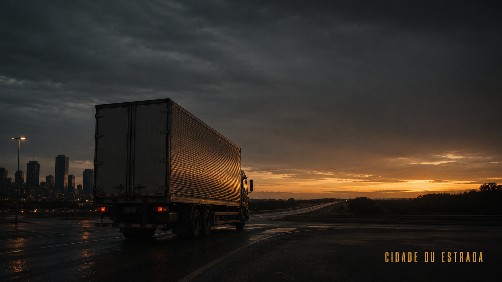 Caminhão de transportadora saindo da cidade para a rodovia, ilustrando frete intermunicipal e interestadual