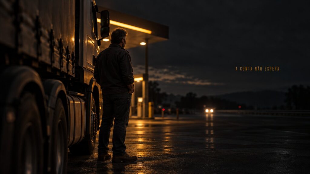 Motorista observa caminhão parado em posto de combustível à noite, com luz âmbar ao fundo, ilustrando a virada do PIS/Cofins para a CBS em 2027 no transporte de cargas.