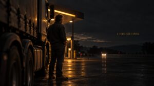 Motorista observa caminhão parado em posto de combustível à noite, com luz âmbar ao fundo, ilustrando a virada do PIS/Cofins para a CBS em 2027 no transporte de cargas.